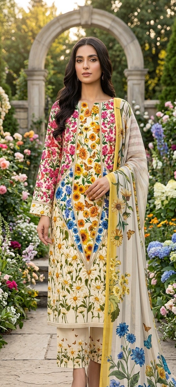 UNSTITCHED Vibrant Floral & Butterfly Printed Lawn Ensemble