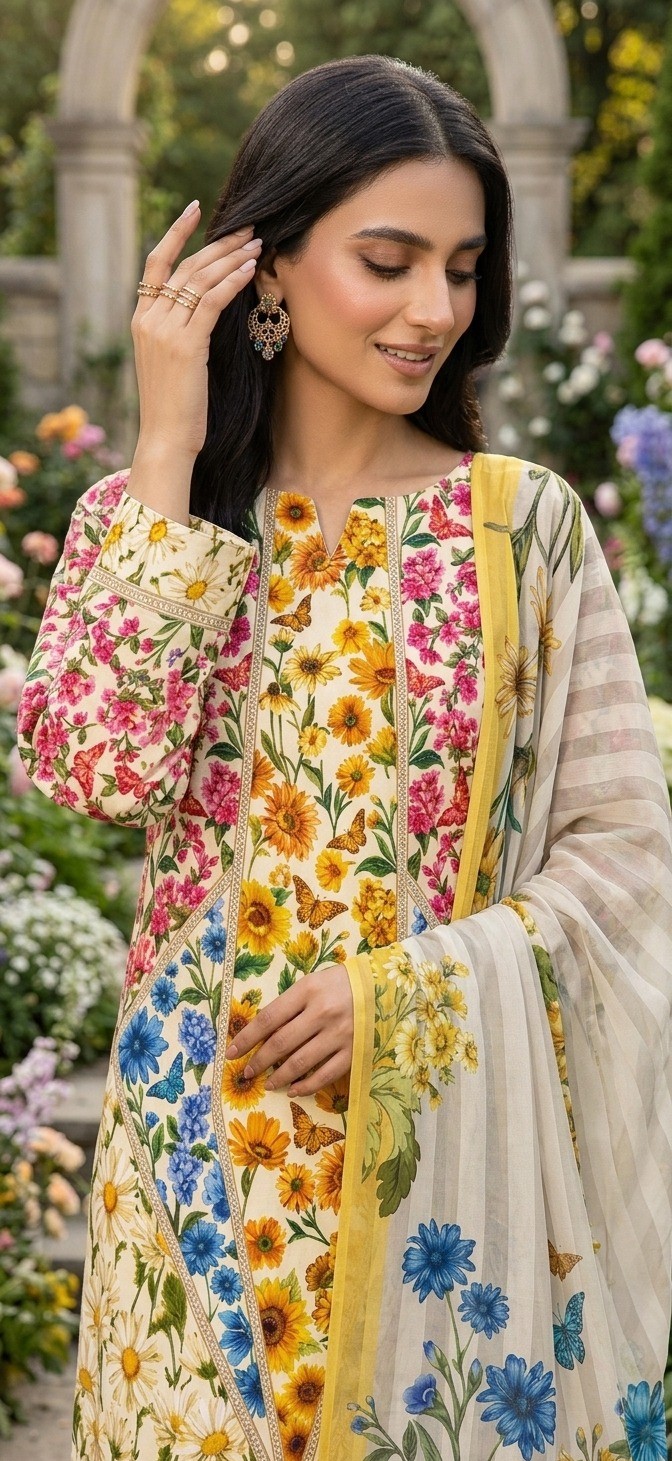 UNSTITCHED Vibrant Floral & Butterfly Printed Lawn Ensemble