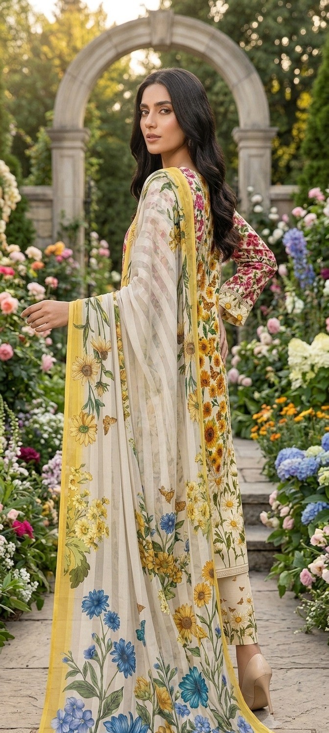 UNSTITCHED Vibrant Floral & Butterfly Printed Lawn Ensemble