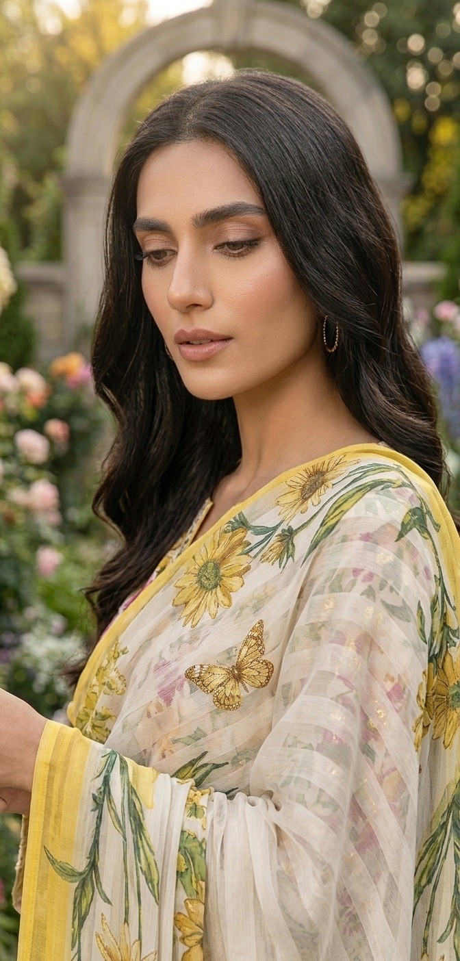 UNSTITCHED Vibrant Floral & Butterfly Printed Lawn Ensemble