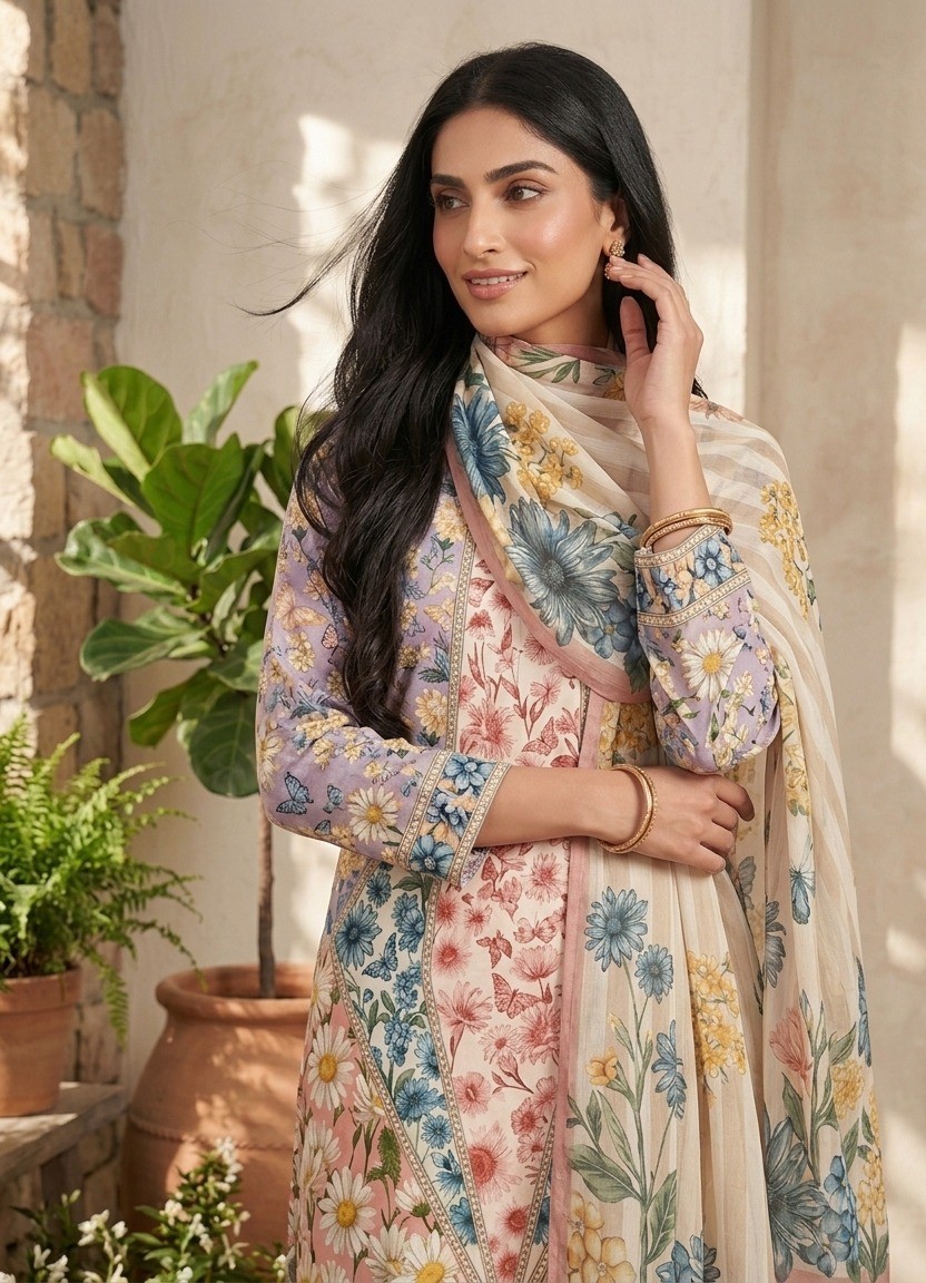 UNSTITCHED Pastel Floral & Butterfly Printed Lawn Ensemble