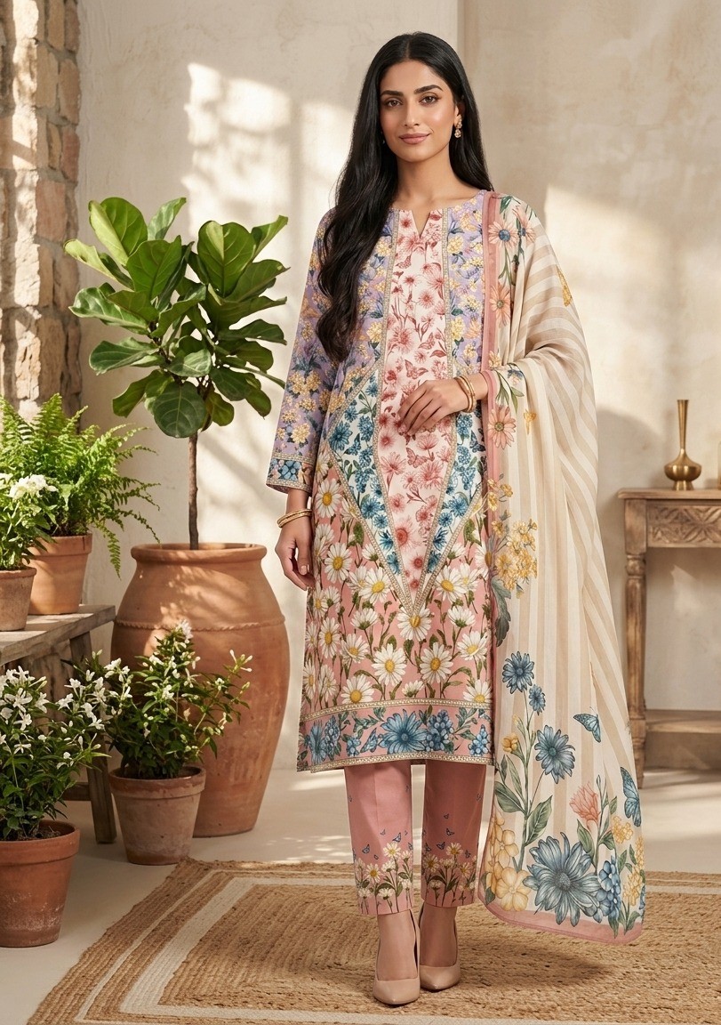 UNSTITCHED Pastel Floral & Butterfly Printed Lawn Ensemble