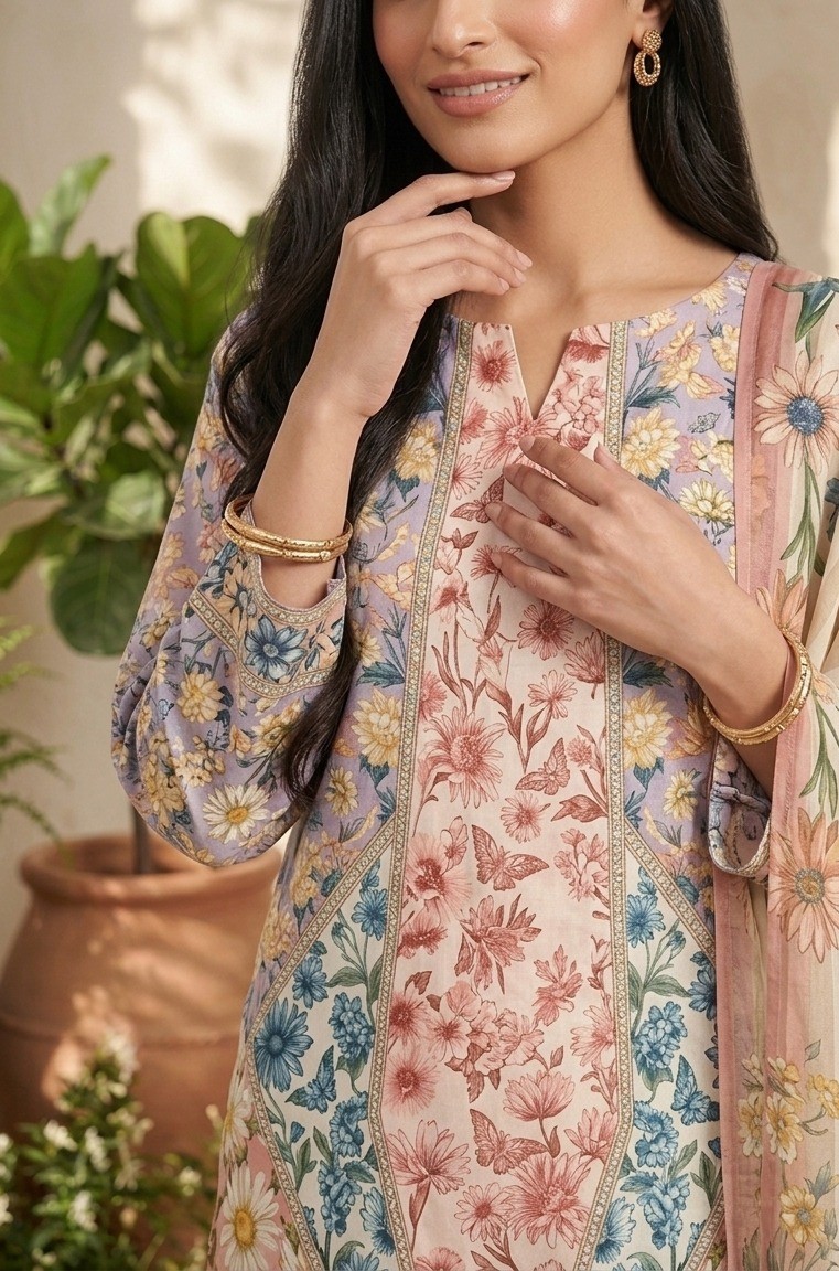 UNSTITCHED Pastel Floral & Butterfly Printed Lawn Ensemble
