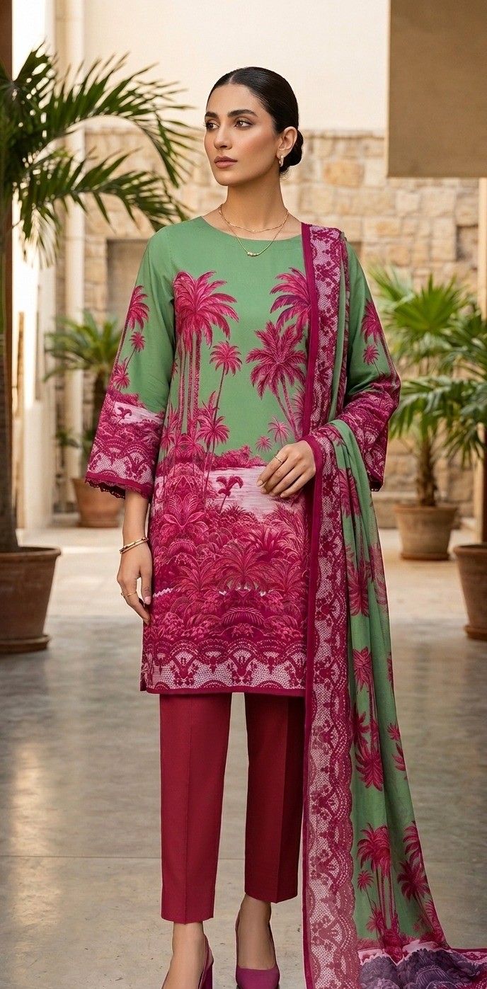 UNSTITCHED Tropical Palm Tree Printed Lawn Ensemble