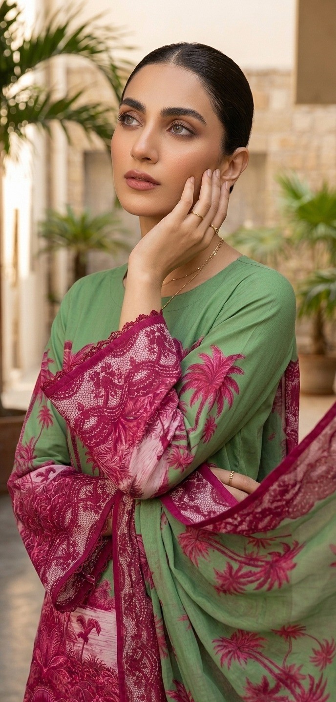 UNSTITCHED Tropical Palm Tree Printed Lawn Ensemble