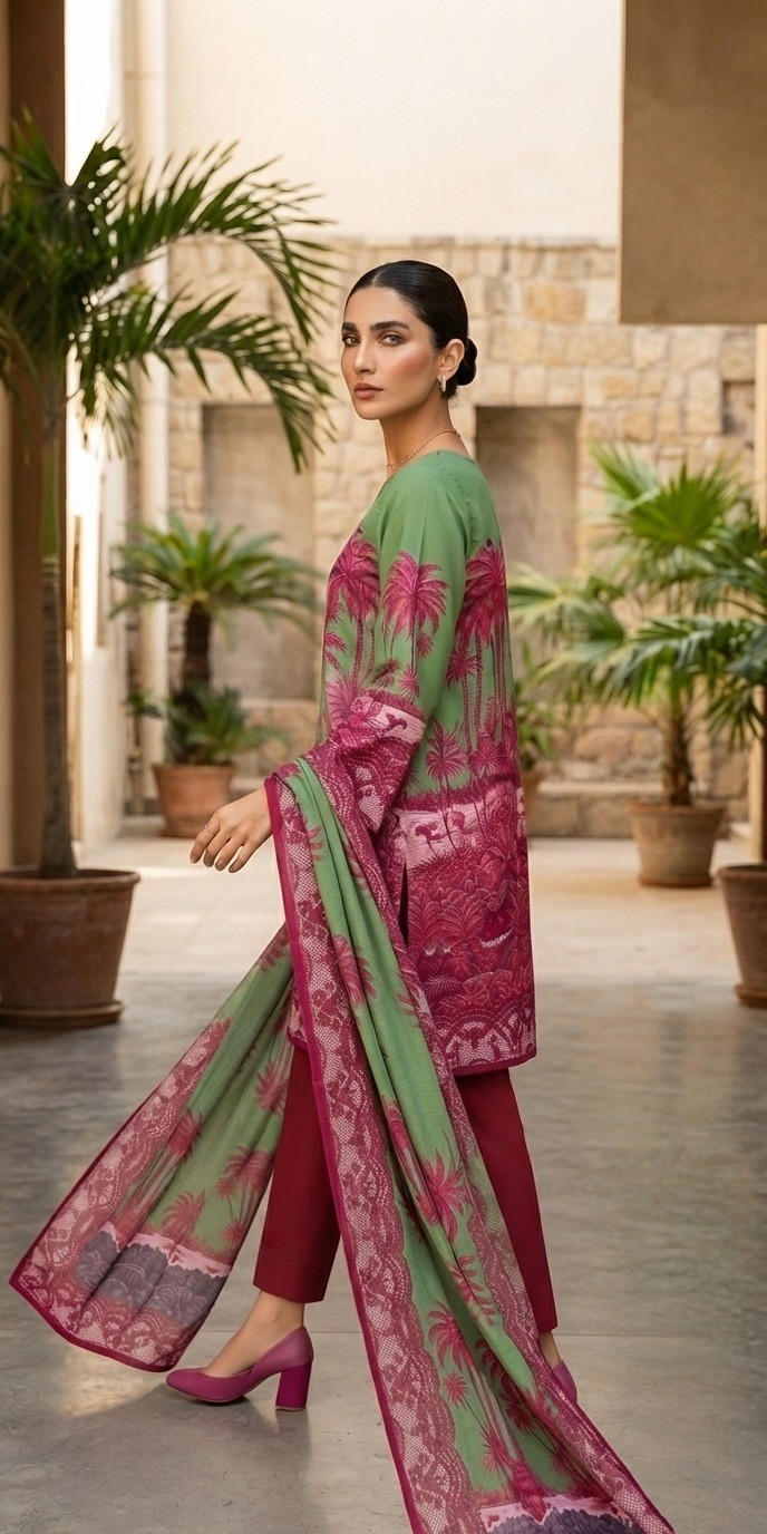 UNSTITCHED Tropical Palm Tree Printed Lawn Ensemble