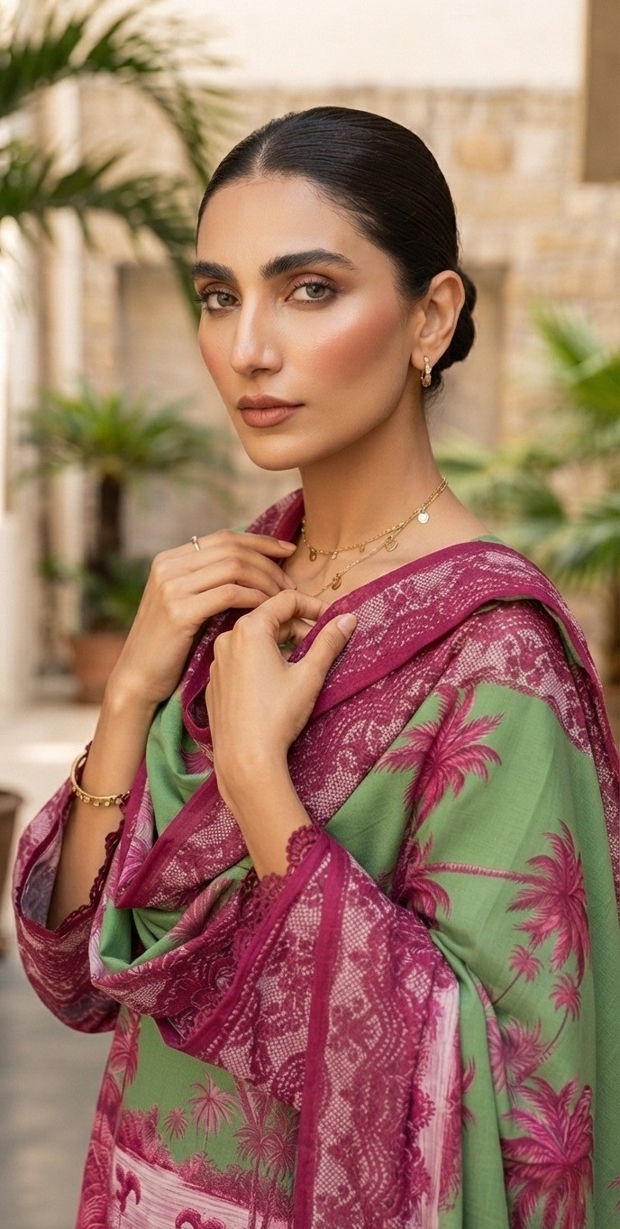 UNSTITCHED Tropical Palm Tree Printed Lawn Ensemble