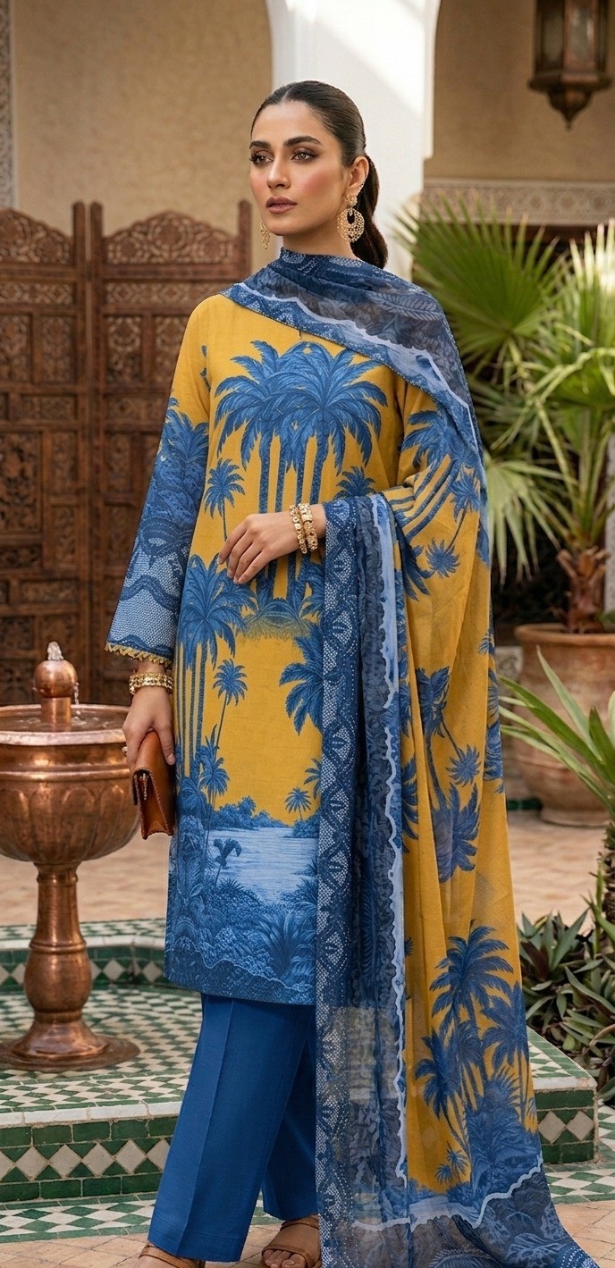 UNSTITCHED Golden Sun & Blue Palm Tree Printed Lawn Ensemble