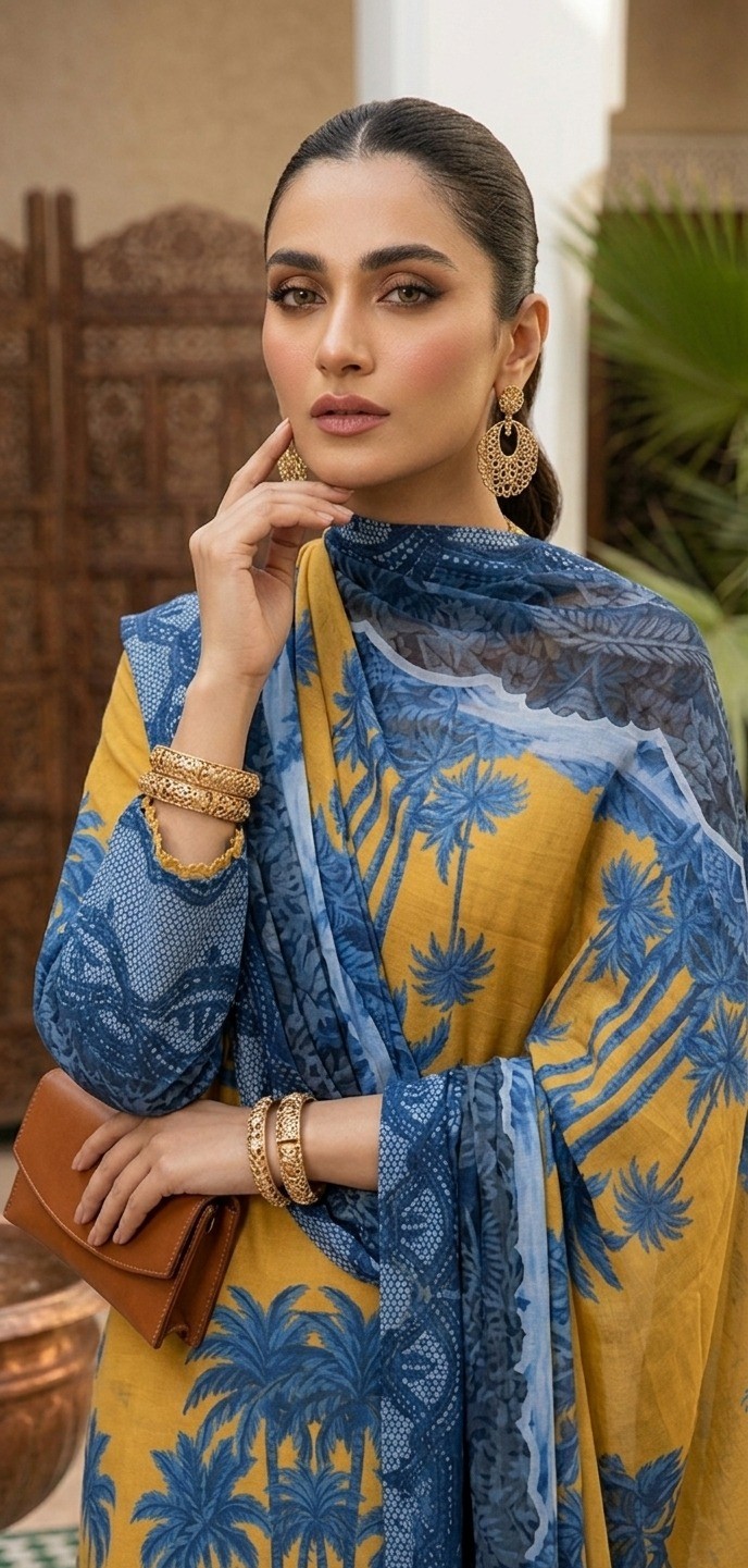 UNSTITCHED Golden Sun & Blue Palm Tree Printed Lawn Ensemble