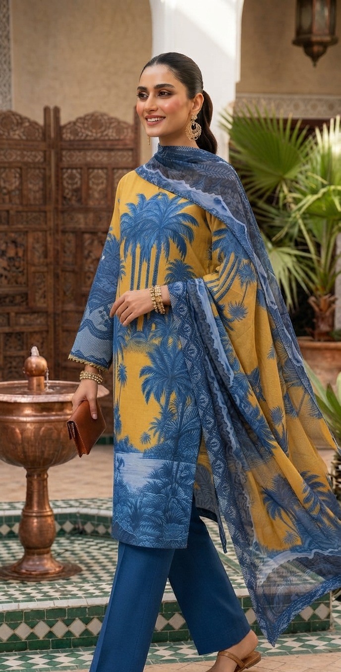 UNSTITCHED Golden Sun & Blue Palm Tree Printed Lawn Ensemble