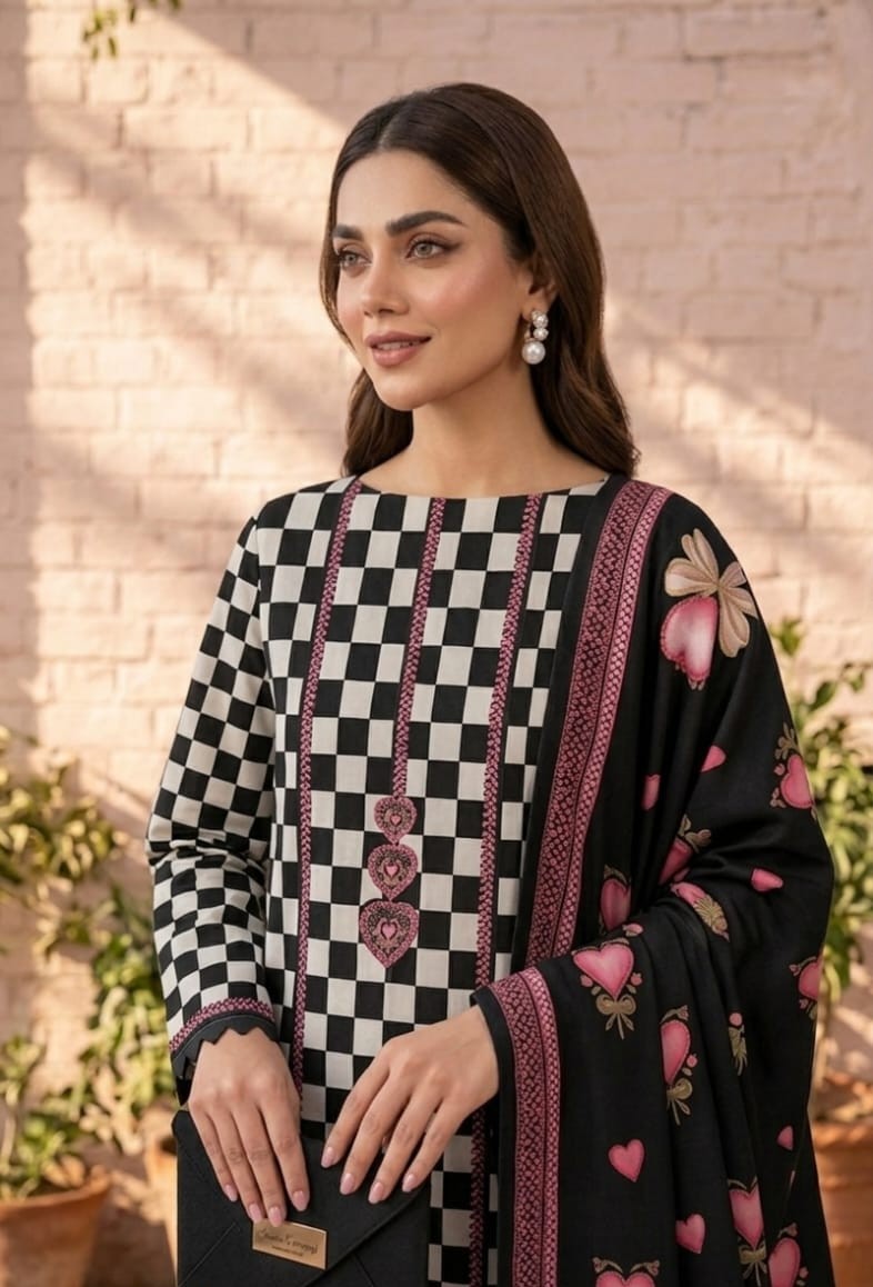 UNSTITCHED Monochrome Checkerboard & Heart-Printed Chiffon Ensemble
