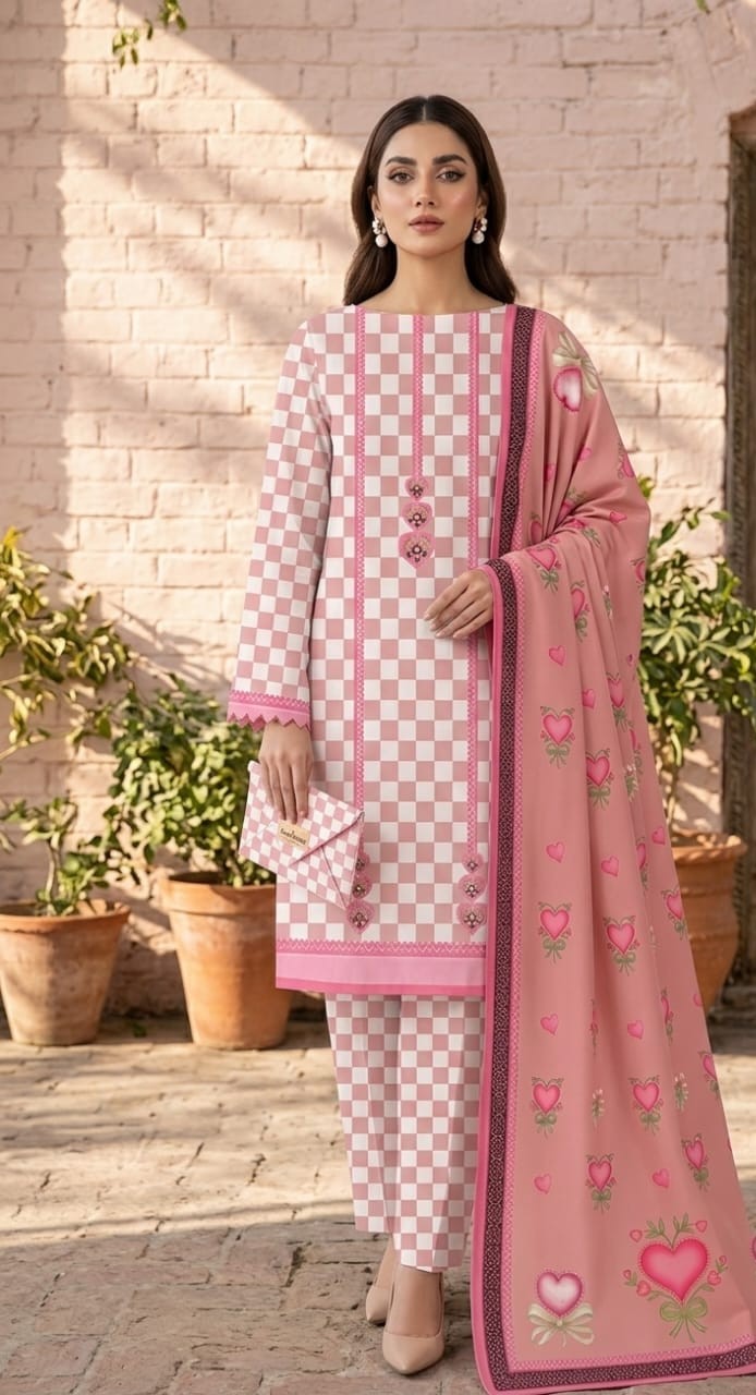 UNSTITCHED Pink & White Checkerboard & Heart-Printed Chiffon Ensemble