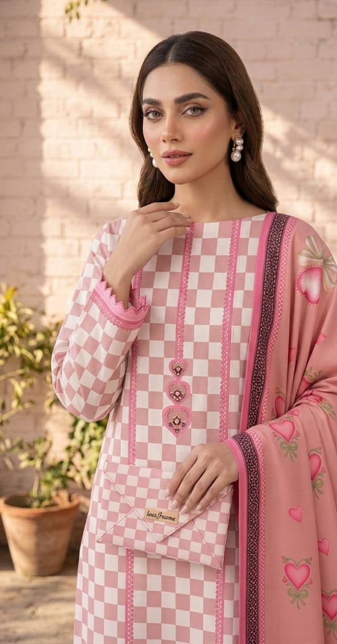 UNSTITCHED Pink & White Checkerboard & Heart-Printed Chiffon Ensemble