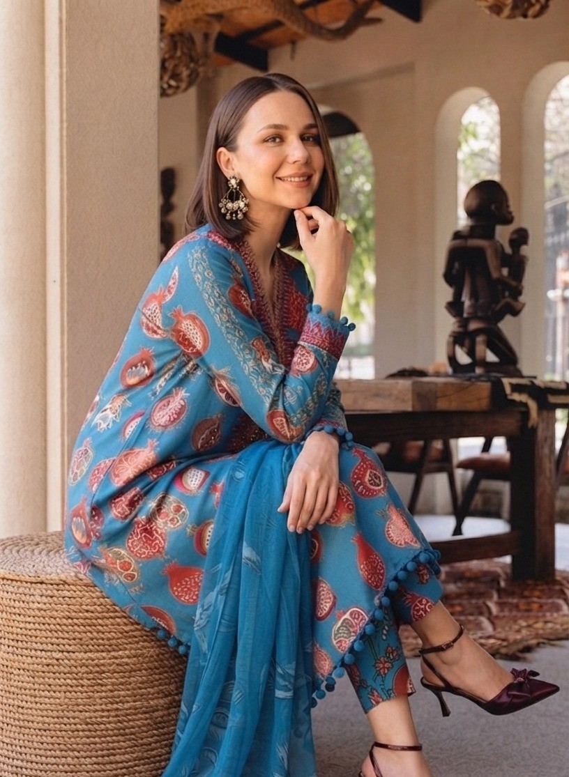 UNSTICHED Blue Pomegranate Printed Lawn Ensemble