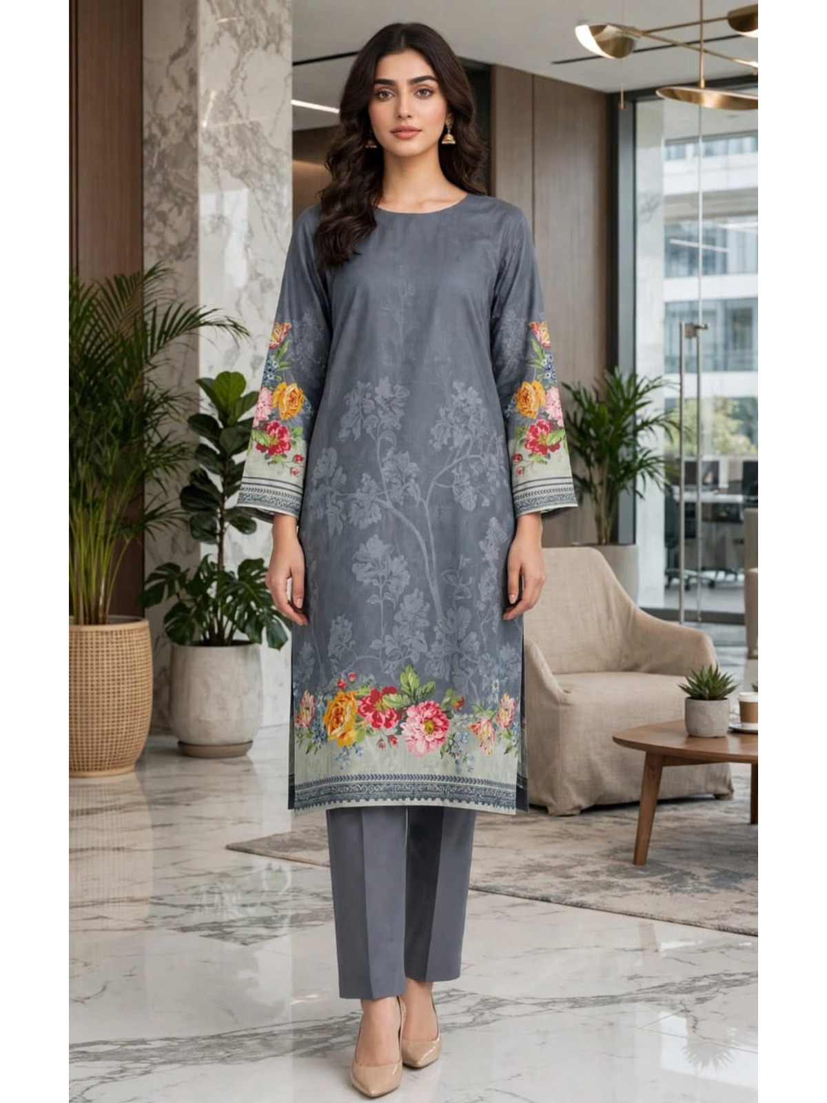 UNSTITCHED Slate Grey Floral Print Suit