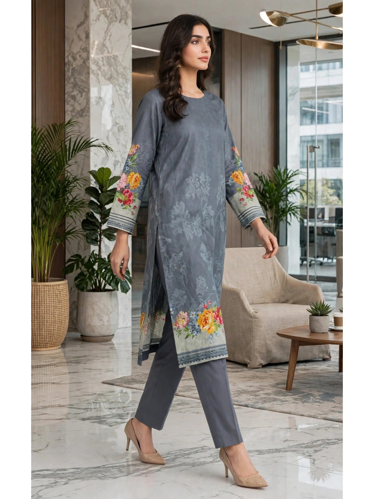 UNSTITCHED Slate Grey Floral Print Suit