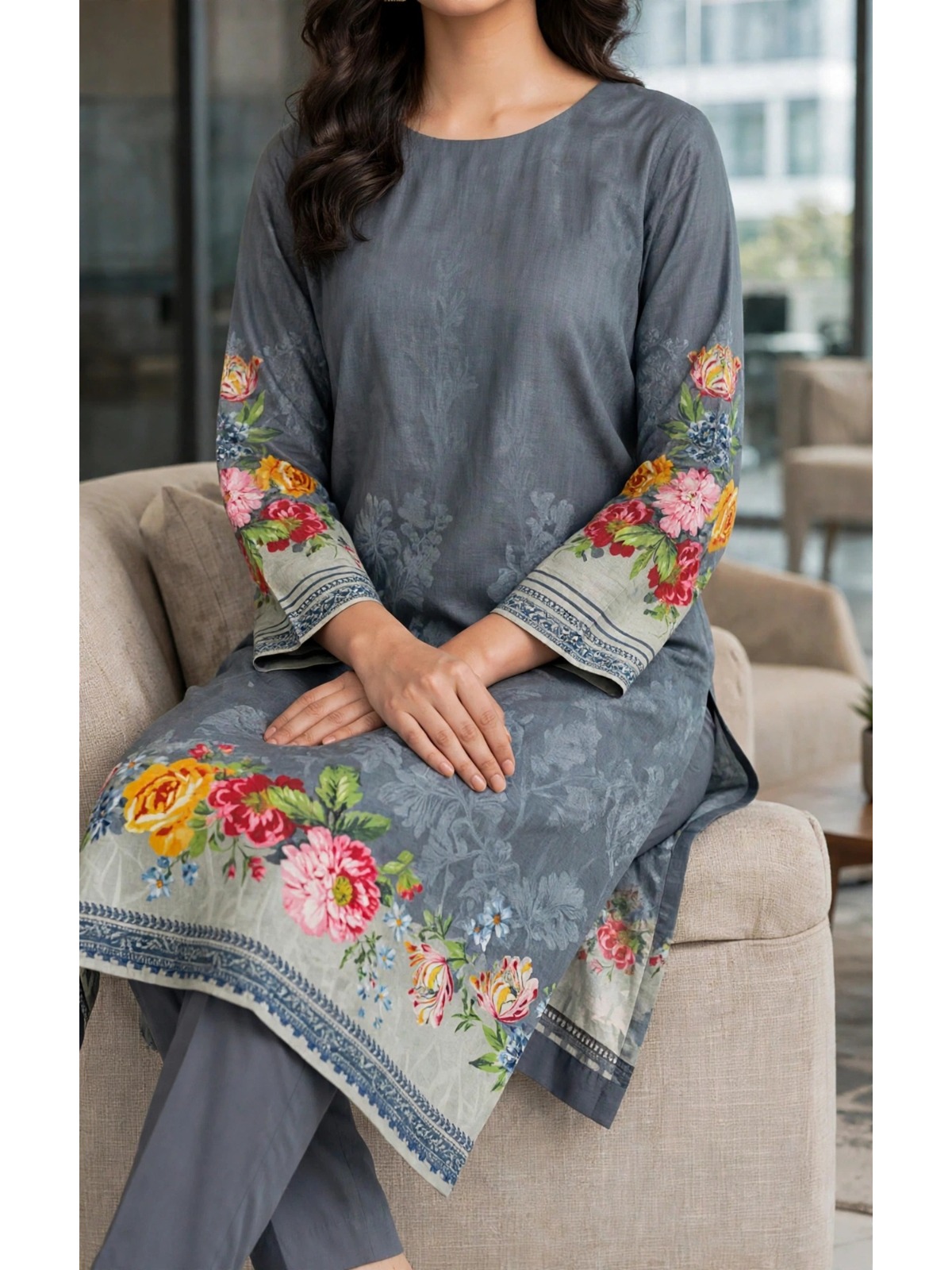 UNSTITCHED Slate Grey Floral Print Suit