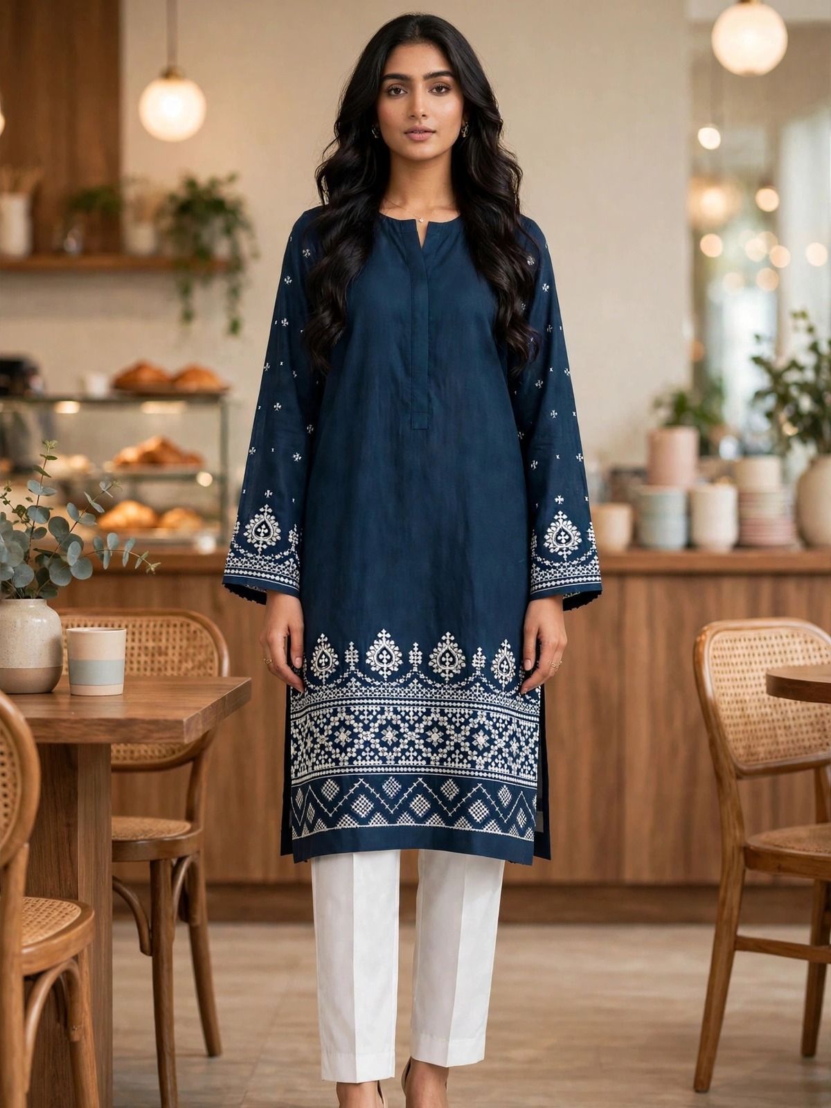 UNSTITCHES Navy Blue & White Embroidered SITARA EMBELISH Suit