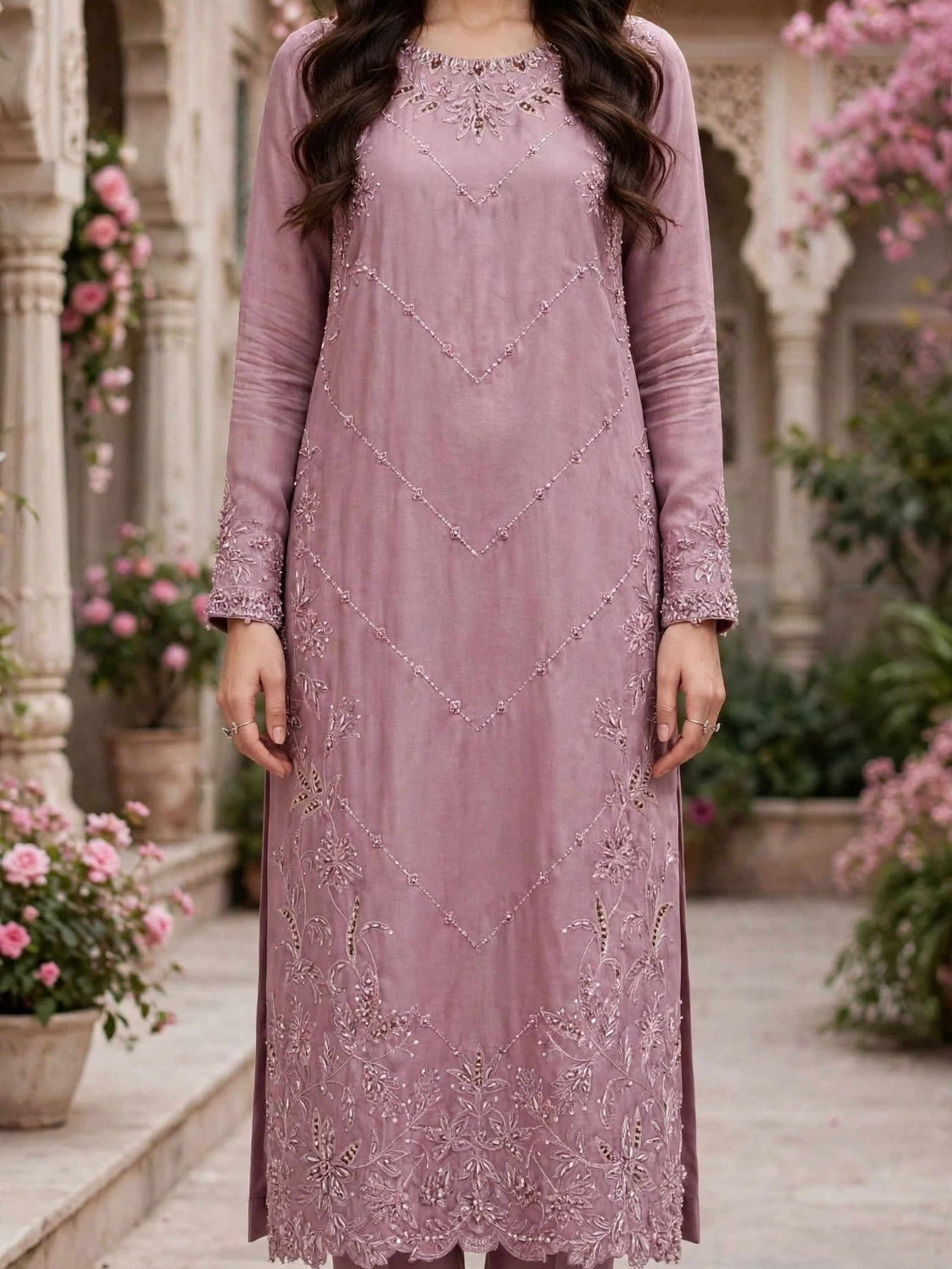 UNSTITCHED Lavender Hand-Embellished Chiffon Suit