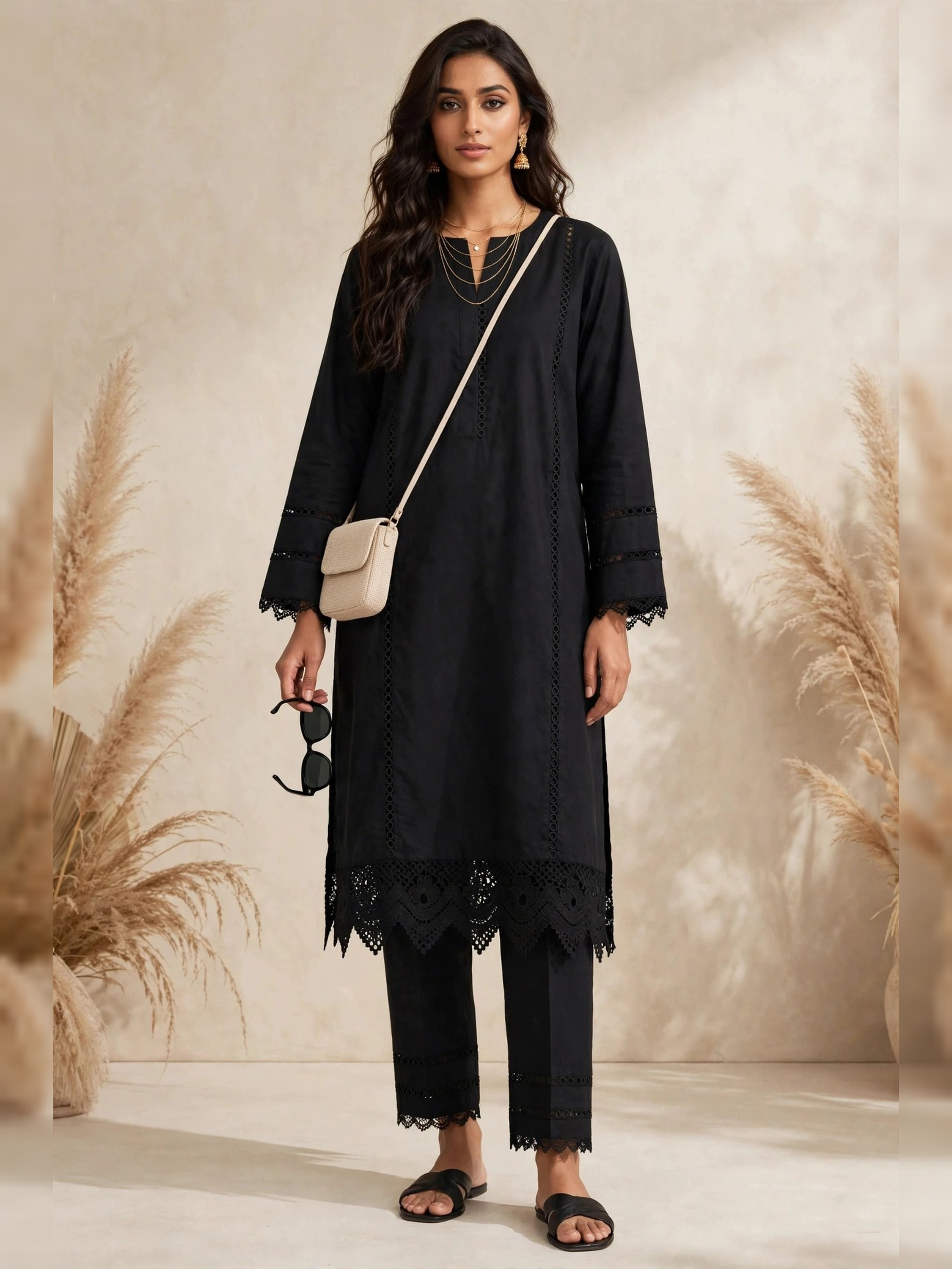 STITCHED Classic Black Lace-Trimmed Suit