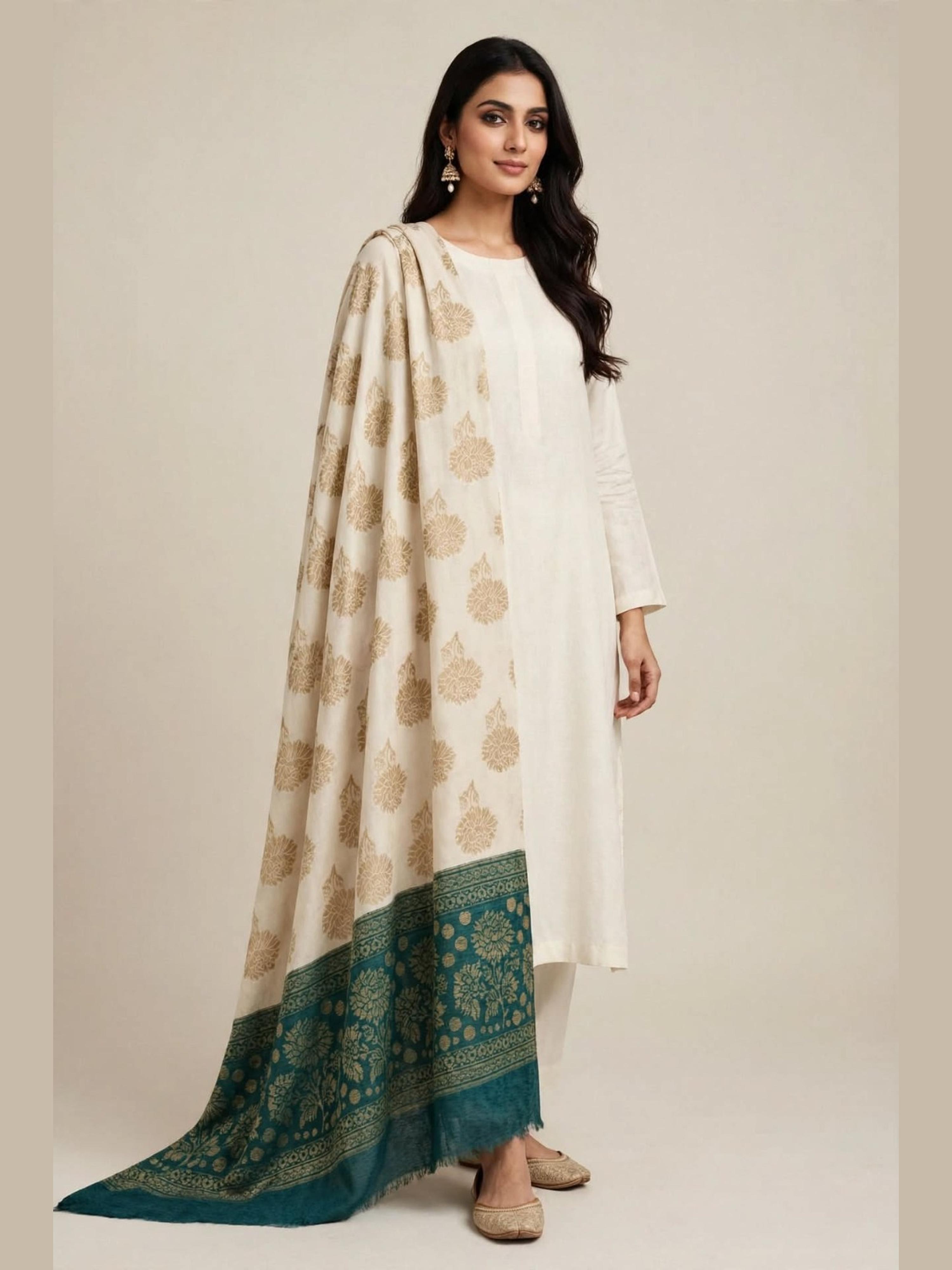 Ivory & Deep Teal Zari Velvet Shawl