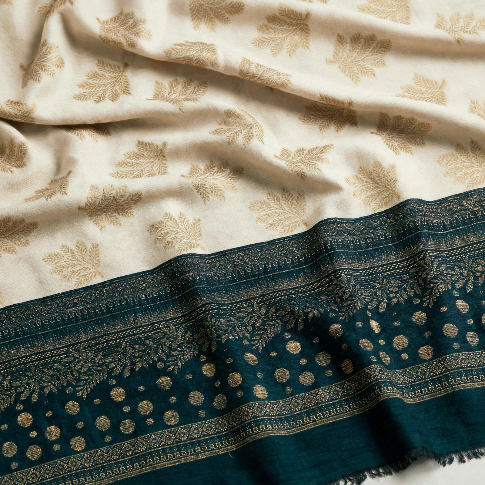 Ivory & Deep Teal Zari Velvet Shawl
