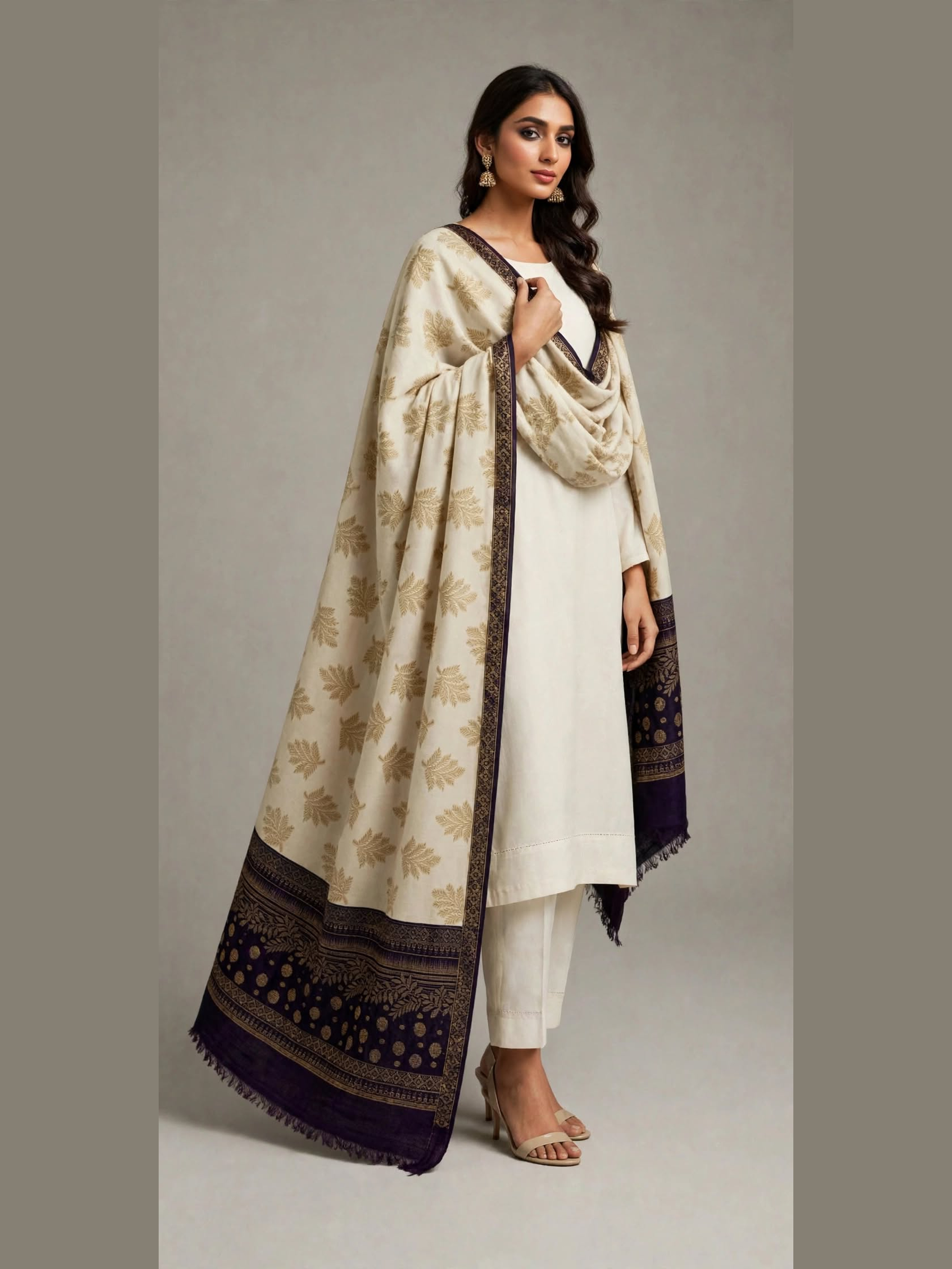 Ivory & Royal Purple Zari Velvet Shawl