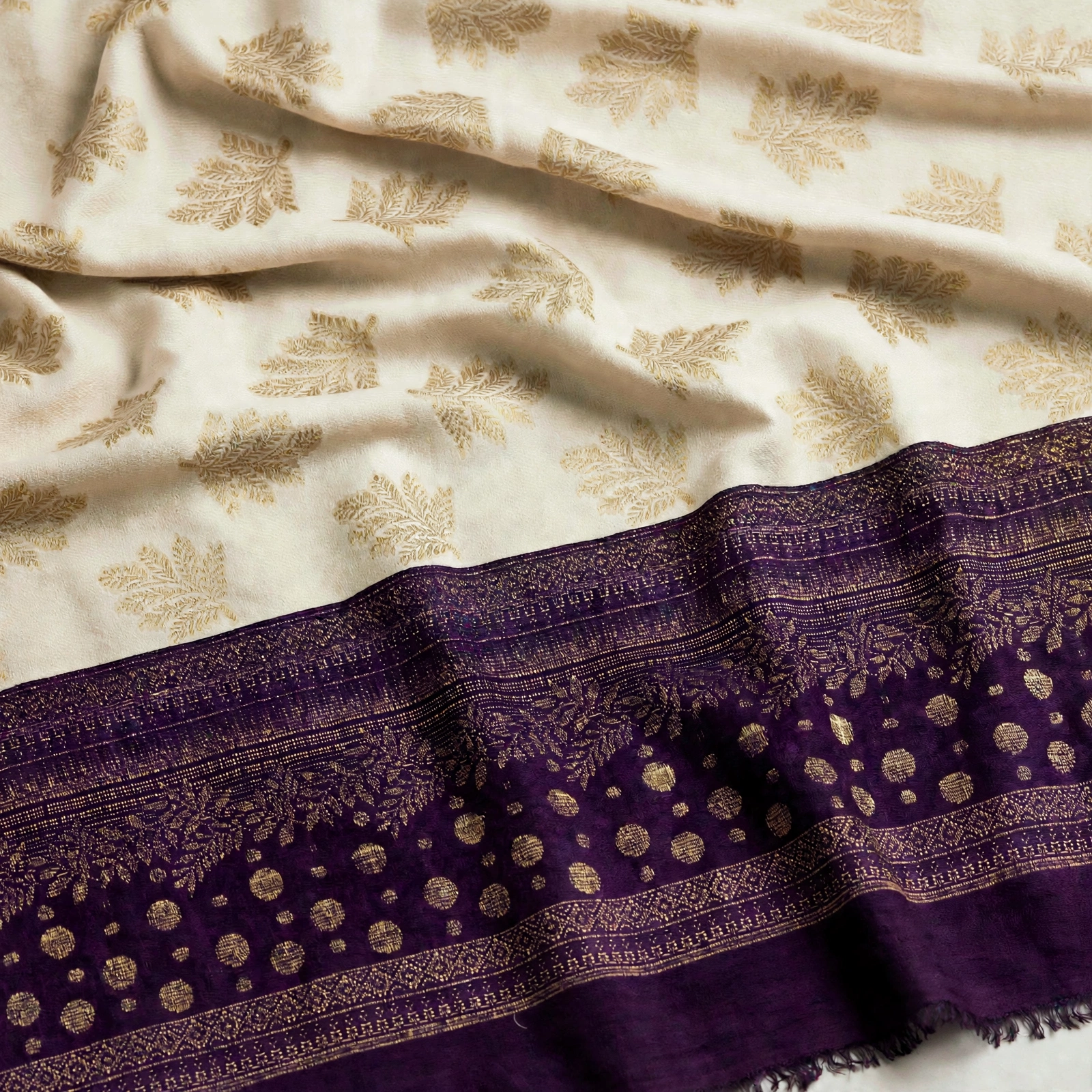 Ivory & Royal Purple Zari Velvet Shawl