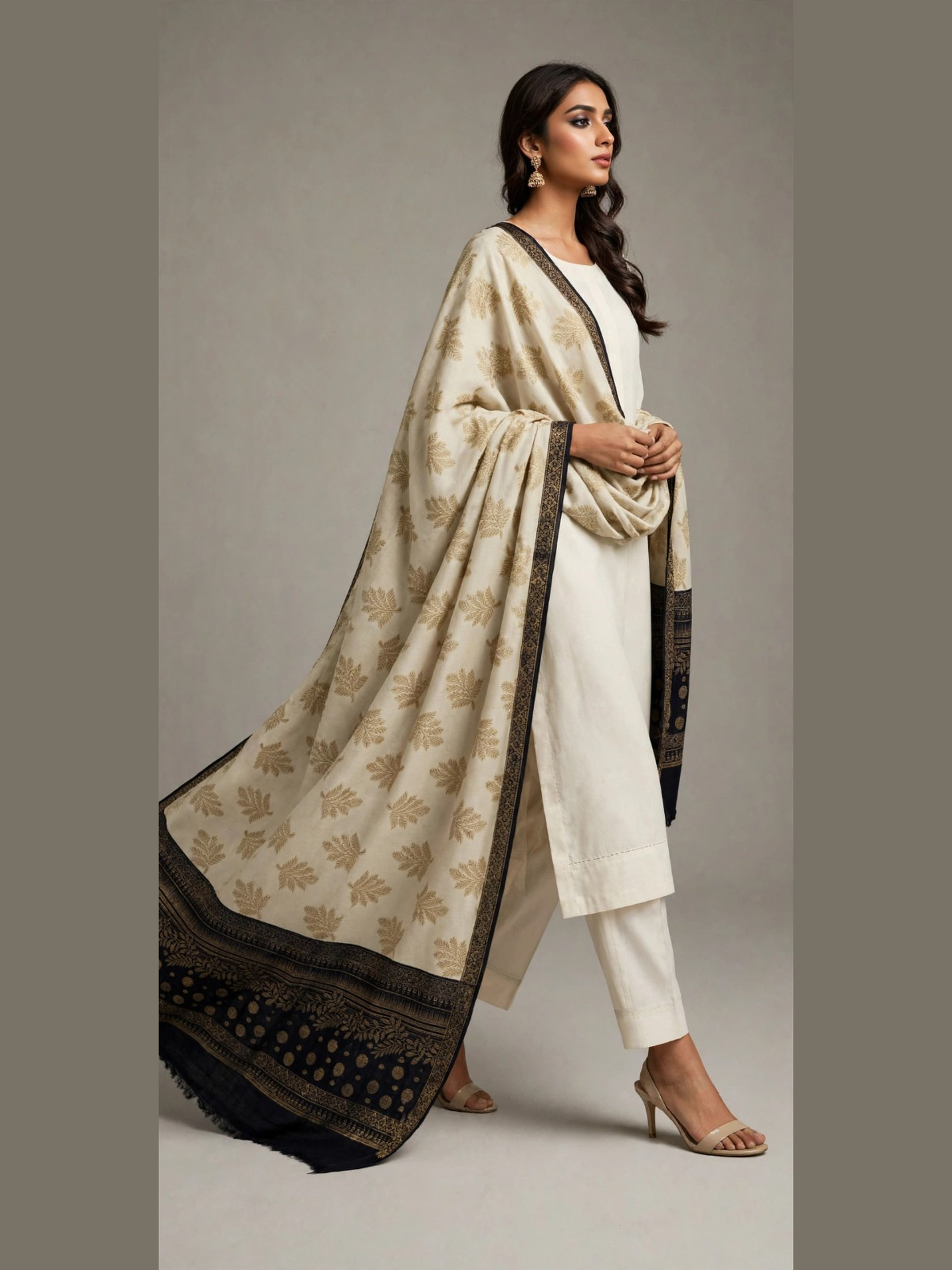 Ivory & Black Zari Velvet Shawl